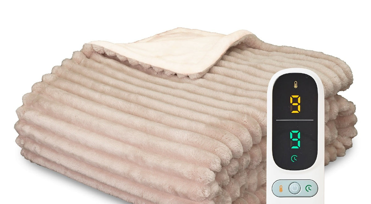 Ribbed electric heated throw of 180 x 160 cm with controller - beige