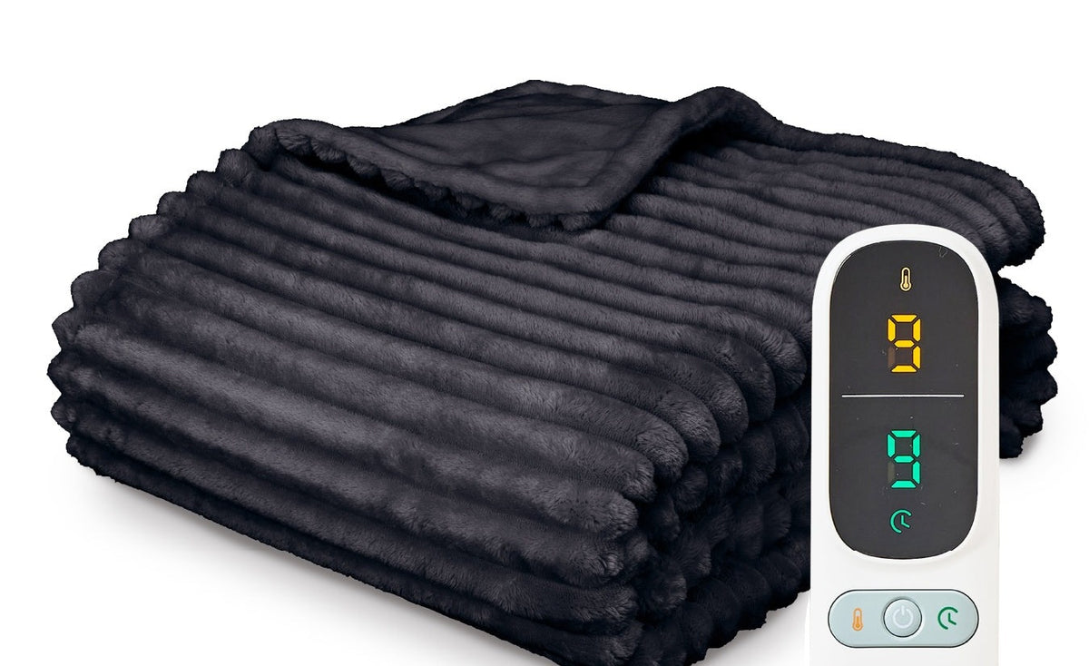 Ribbed electric heated throw of 180 x 160 cm with controller - anthracite