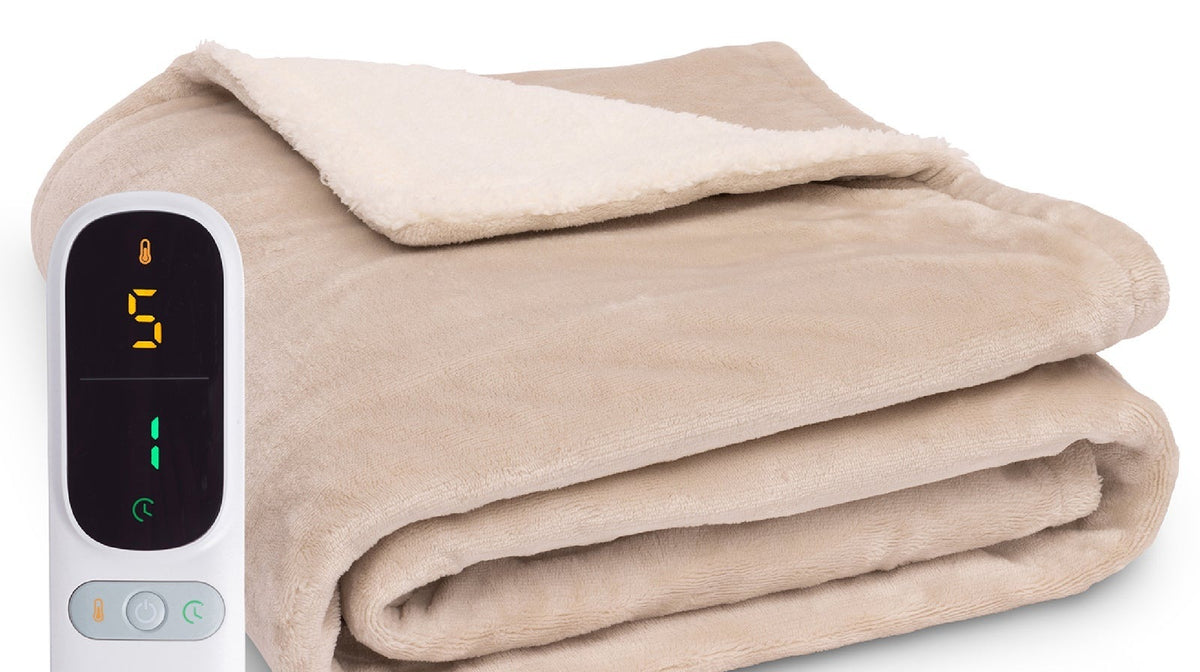 Electric heated throw of 200 x 180 cm with fleece, sherpa and controller - beige