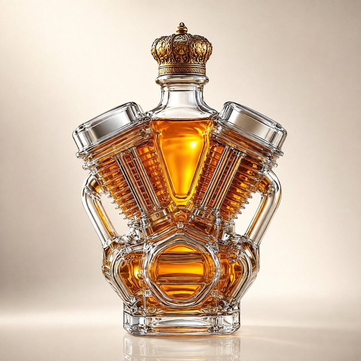 Glass whisky decanter shaped like a V engine block with a crown stopper