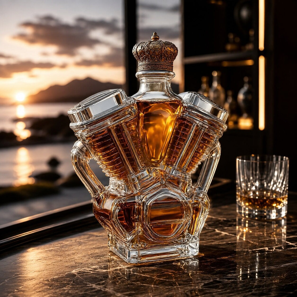 Glass whisky decanter shaped like a V engine block with a crown stopper - view 2
