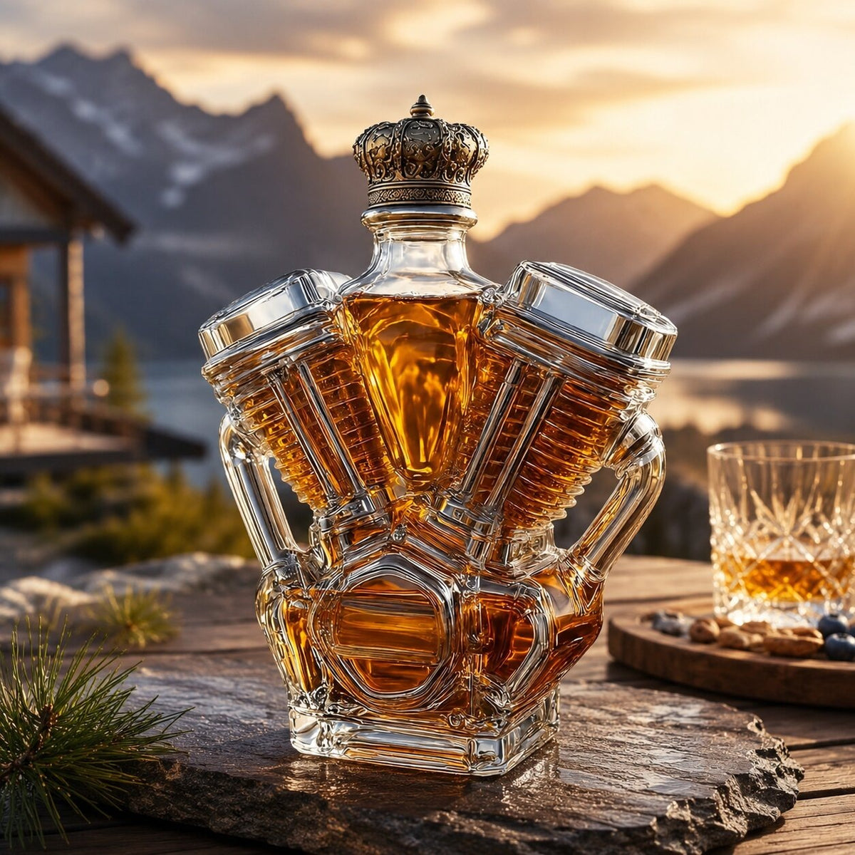 Glass whisky decanter shaped like a V engine block with a crown stopper - view 3