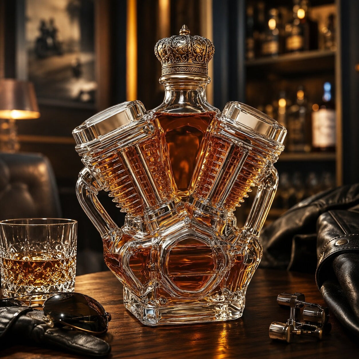Glass whisky decanter shaped like a V engine block with a crown stopper - view 4