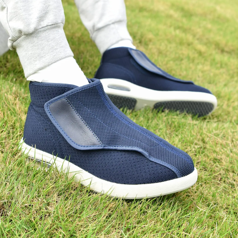 Unisex ergonomic wide-fit high-tops with a hook-and-loop flap