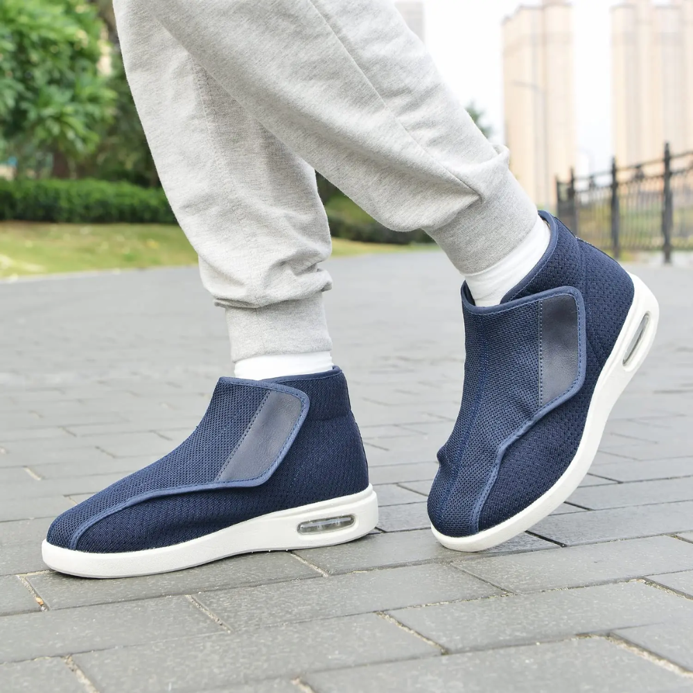 Unisex ergonomic wide-fit high-tops with a hook-and-loop flap