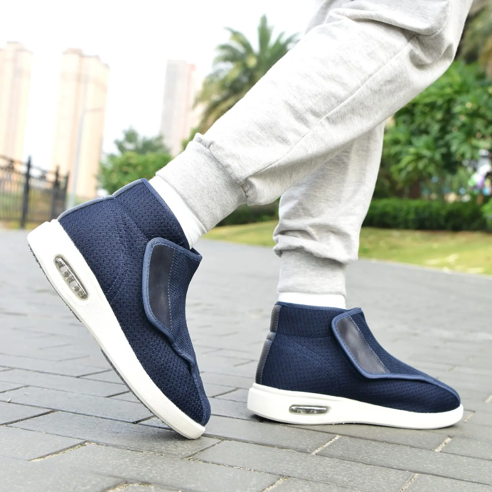 Unisex ergonomic wide-fit high-tops with a hook-and-loop flap