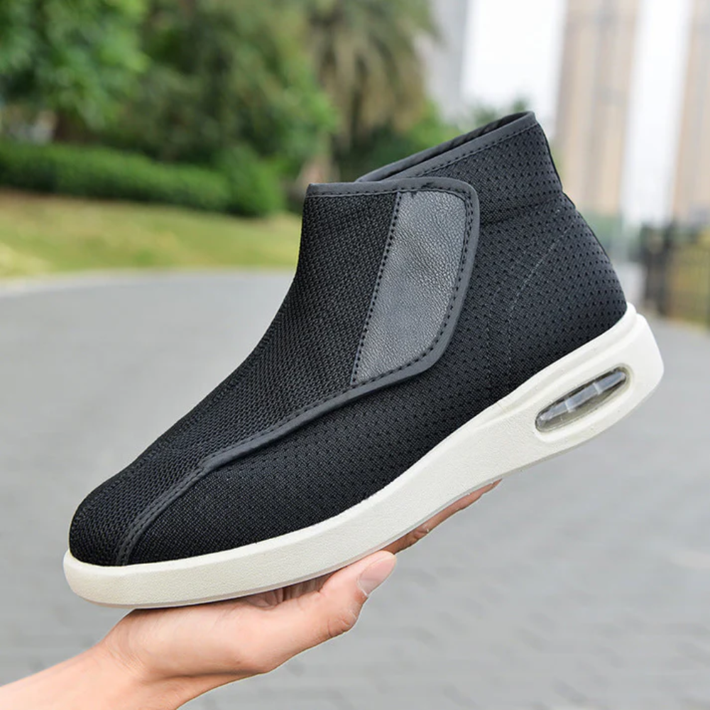 Unisex ergonomic wide-fit high-tops with a hook-and-loop flap