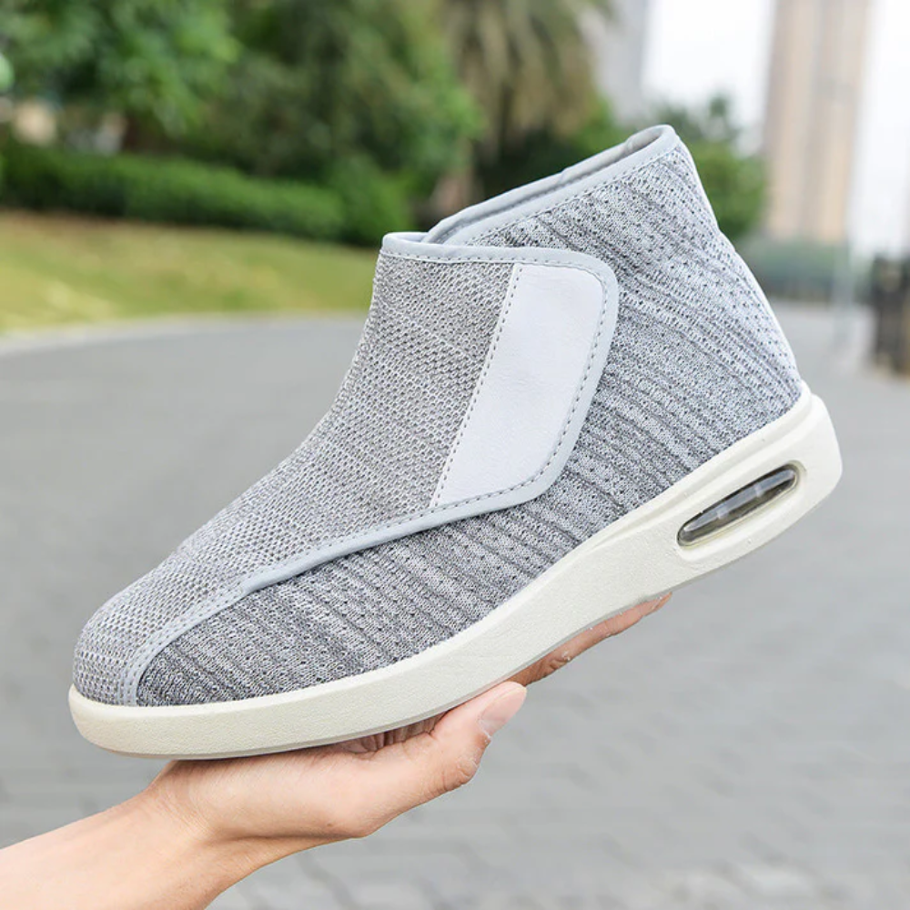 Unisex ergonomic wide-fit high-tops with a hook-and-loop flap