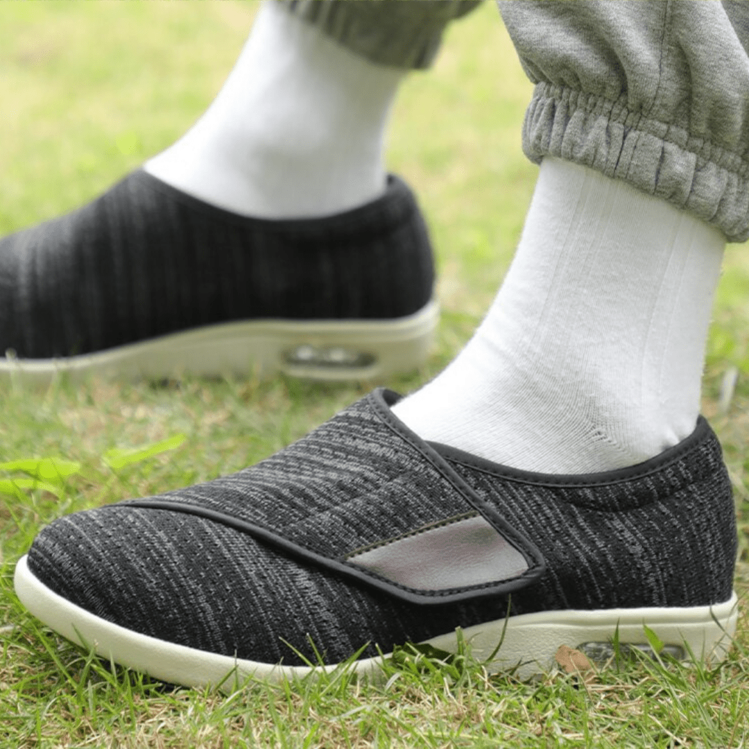 Ergonomic wide-fit shoes with an adjustable touch-fastening strap