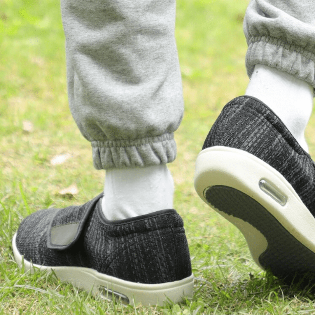 Ergonomic wide-fit shoes with an adjustable touch-fastening strap