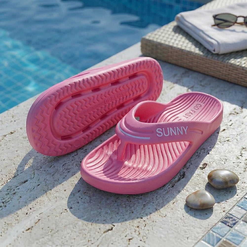 EVA flip flops with thick sole, wide V strap and wavy ribbed footbed - pink
