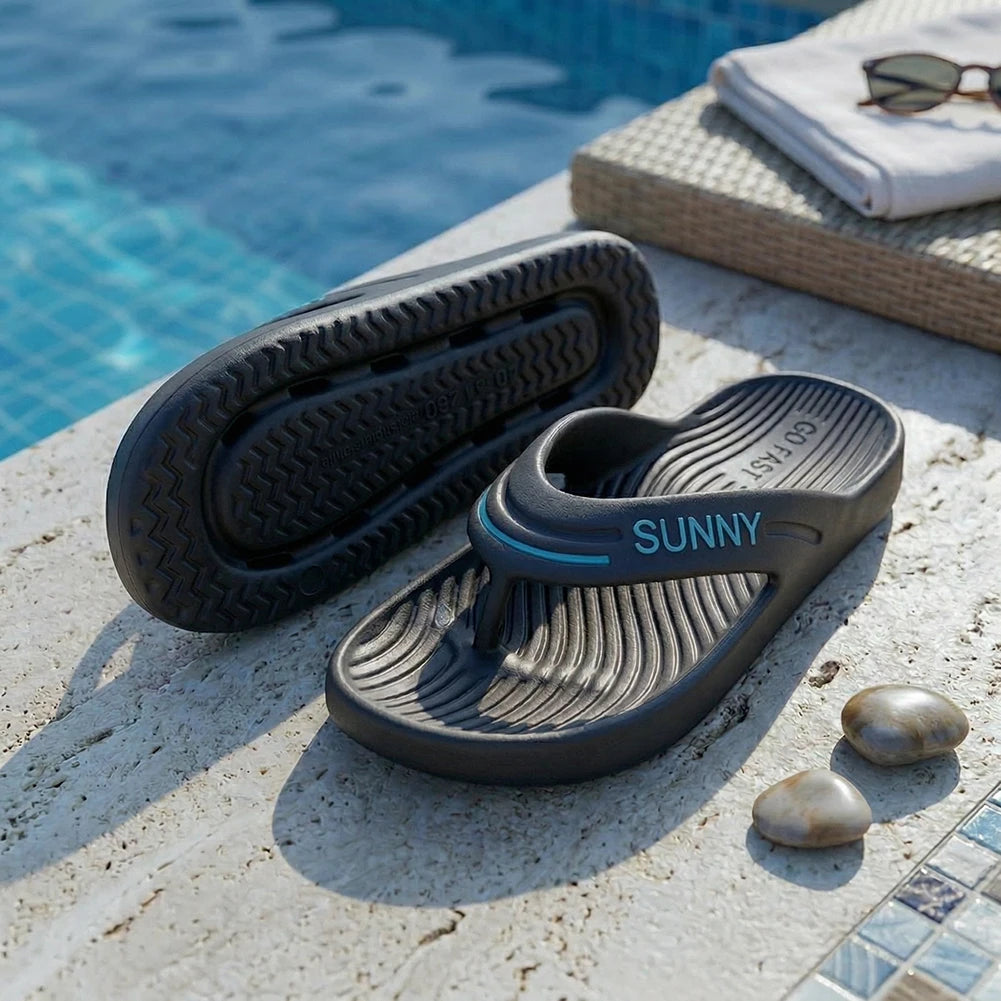 EVA flip flops with thick sole, wide V strap and wavy ribbed footbed - view 2