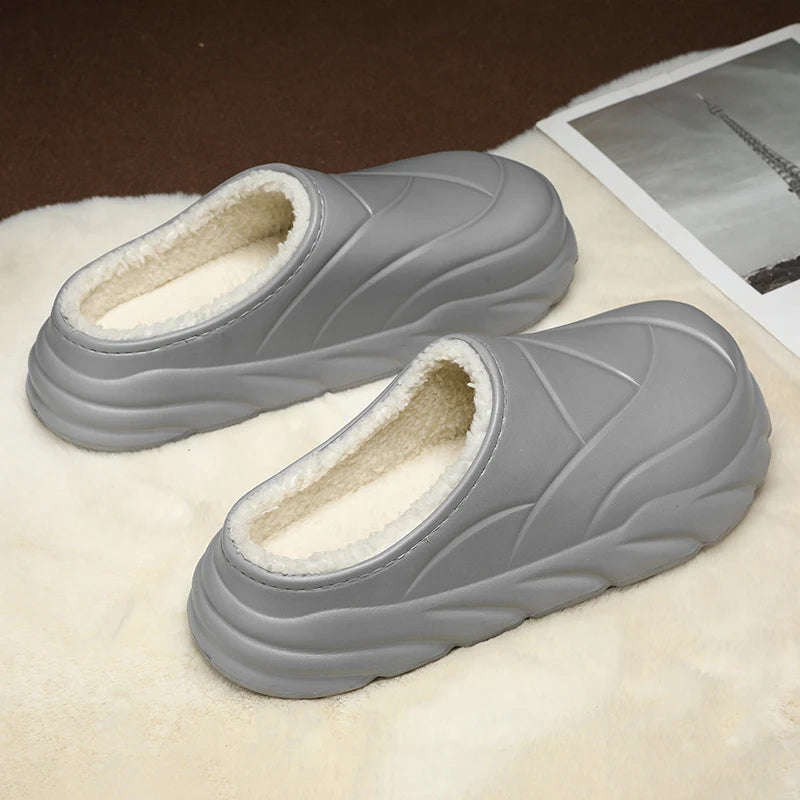 Platform slippers with EVA shell, teddy lining, open heel and thick wave-sculpted sole - grey