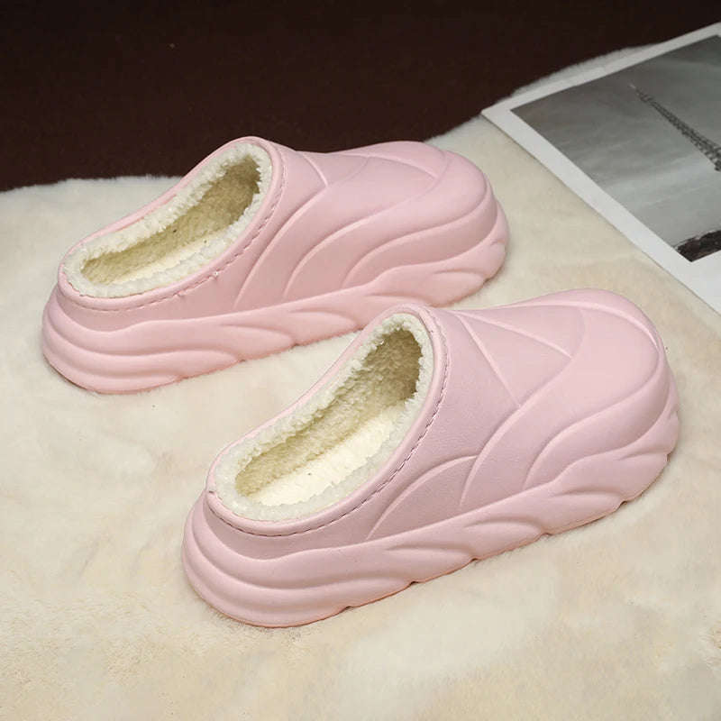Platform slippers with EVA shell, teddy lining, open heel and thick wave-sculpted sole - pink