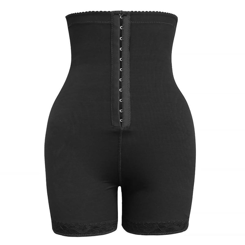 Extra high-waist shapewear shorts with front hook closure and lace hem - black