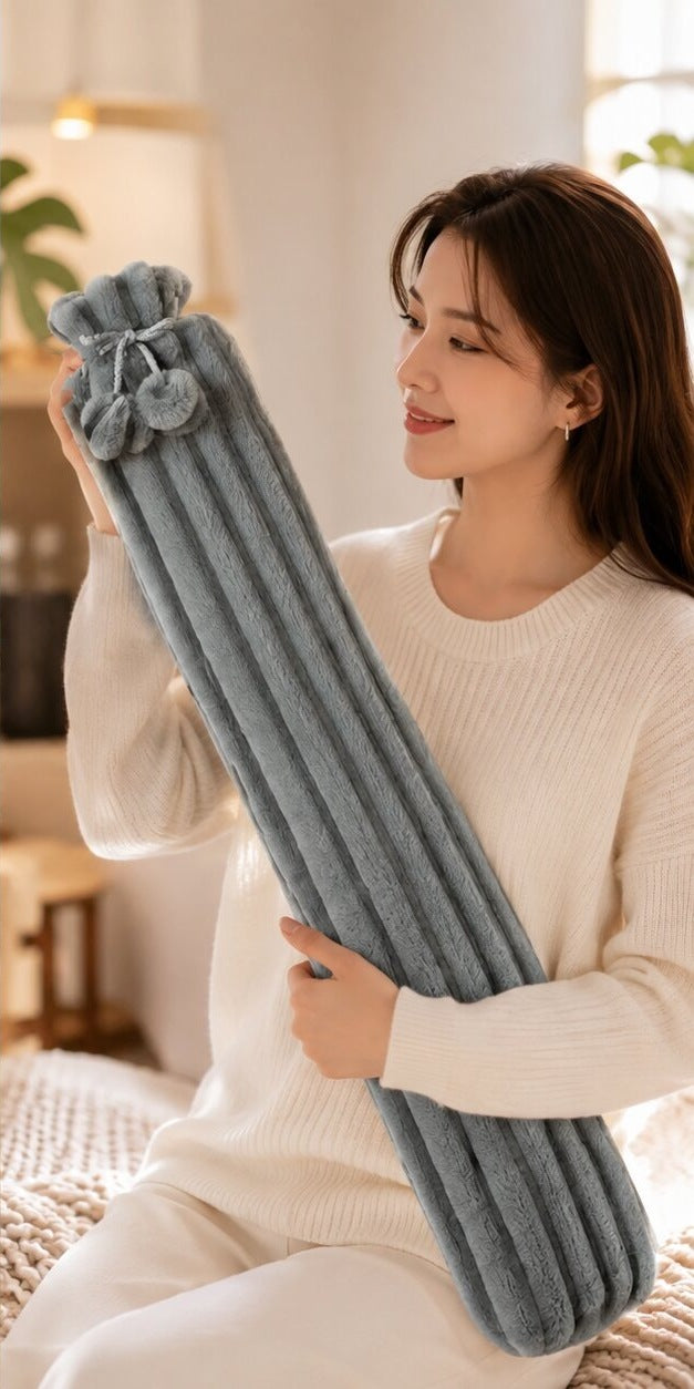Extra long 83 cm hot water bottle with a plush cover and pompoms - view 2