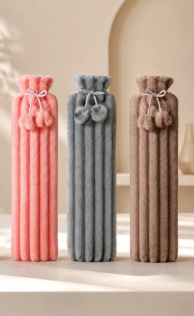 Extra long 83 cm hot water bottle with a plush cover and pompoms - view 4