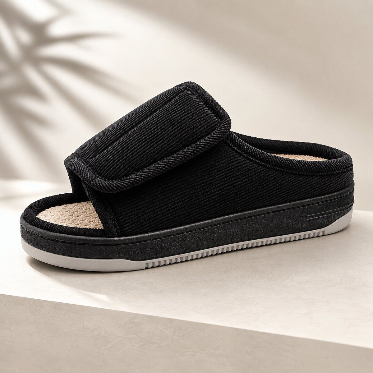 Extra wide open-toe slippers with an adjustable strap for women and men - black
