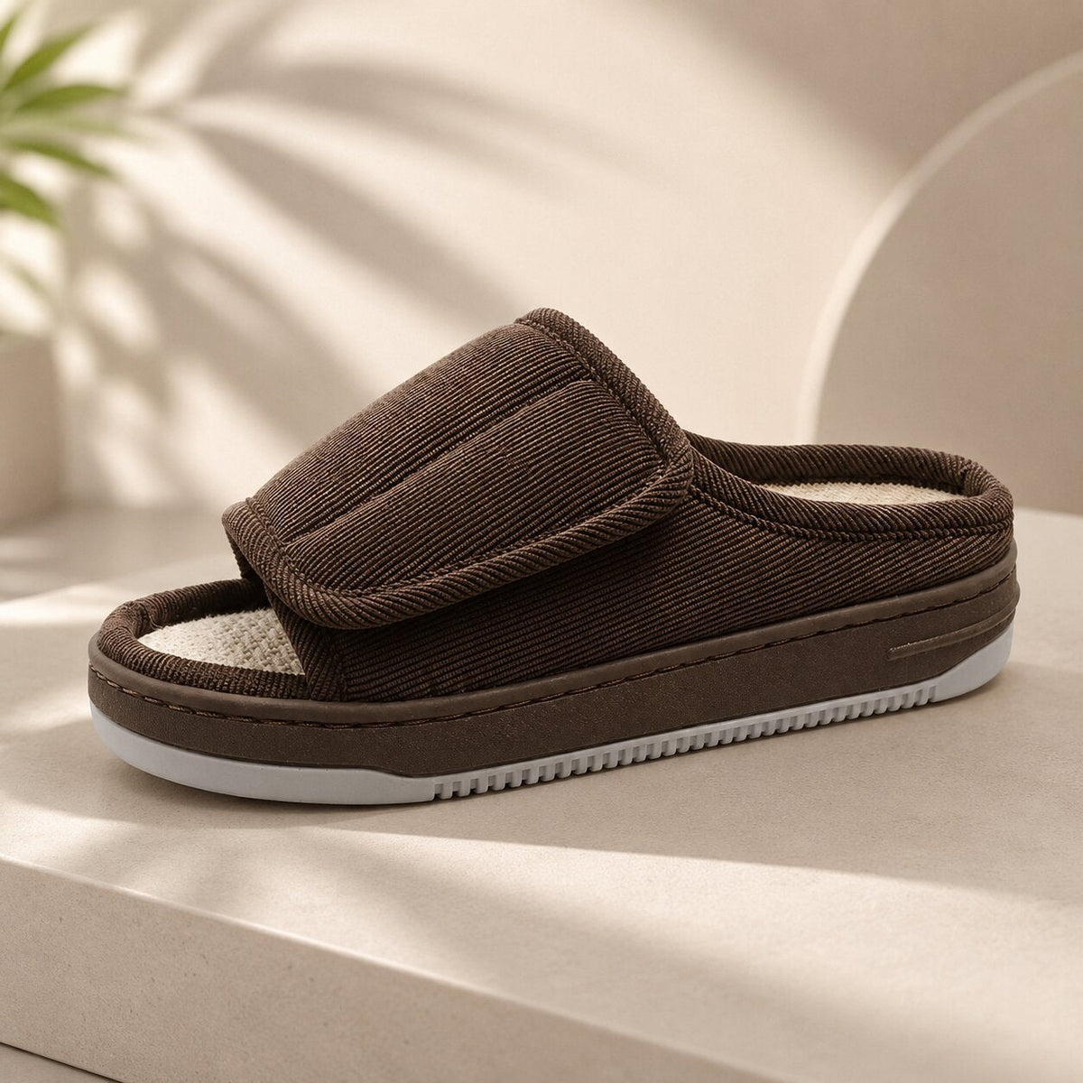 Extra wide open-toe slippers with an adjustable strap for women and men - dark brown