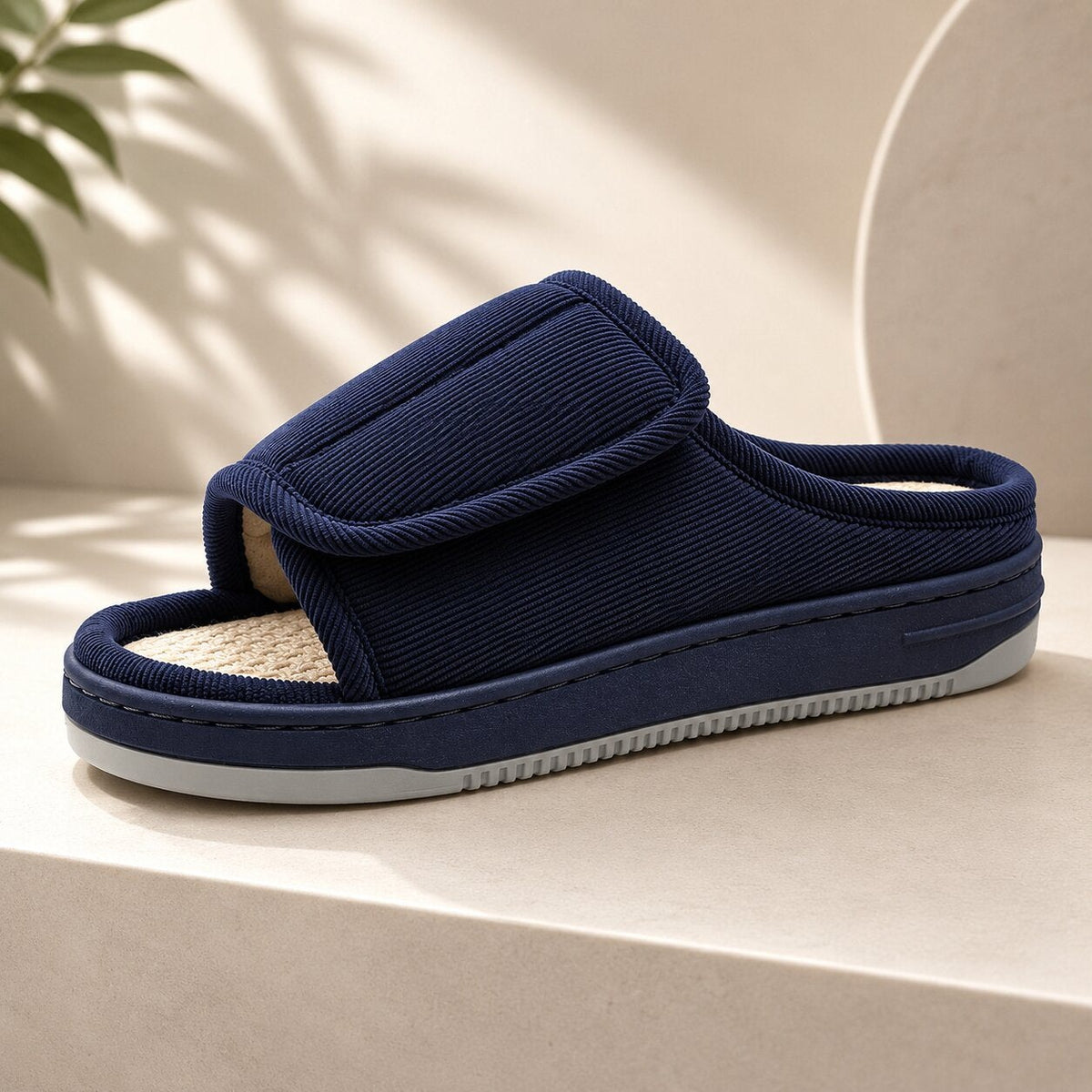 Extra wide open-toe slippers with an adjustable strap for women and men - navy