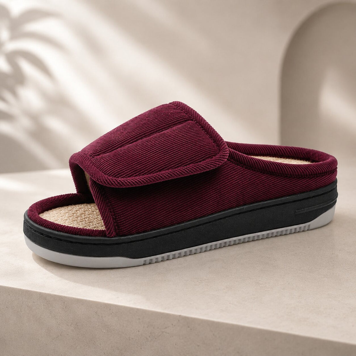 Extra wide open-toe slippers with an adjustable strap for women and men - burgundy