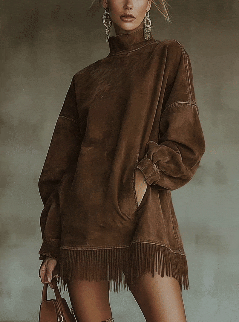 Oversized faux suede dress with fringed hem in Brown