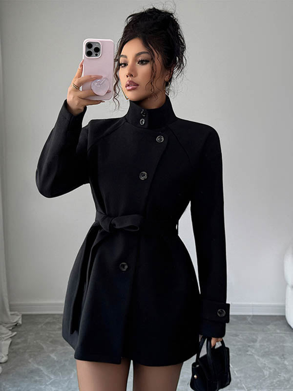 Short belted coat with a stand collar and an asymmetric button front in black