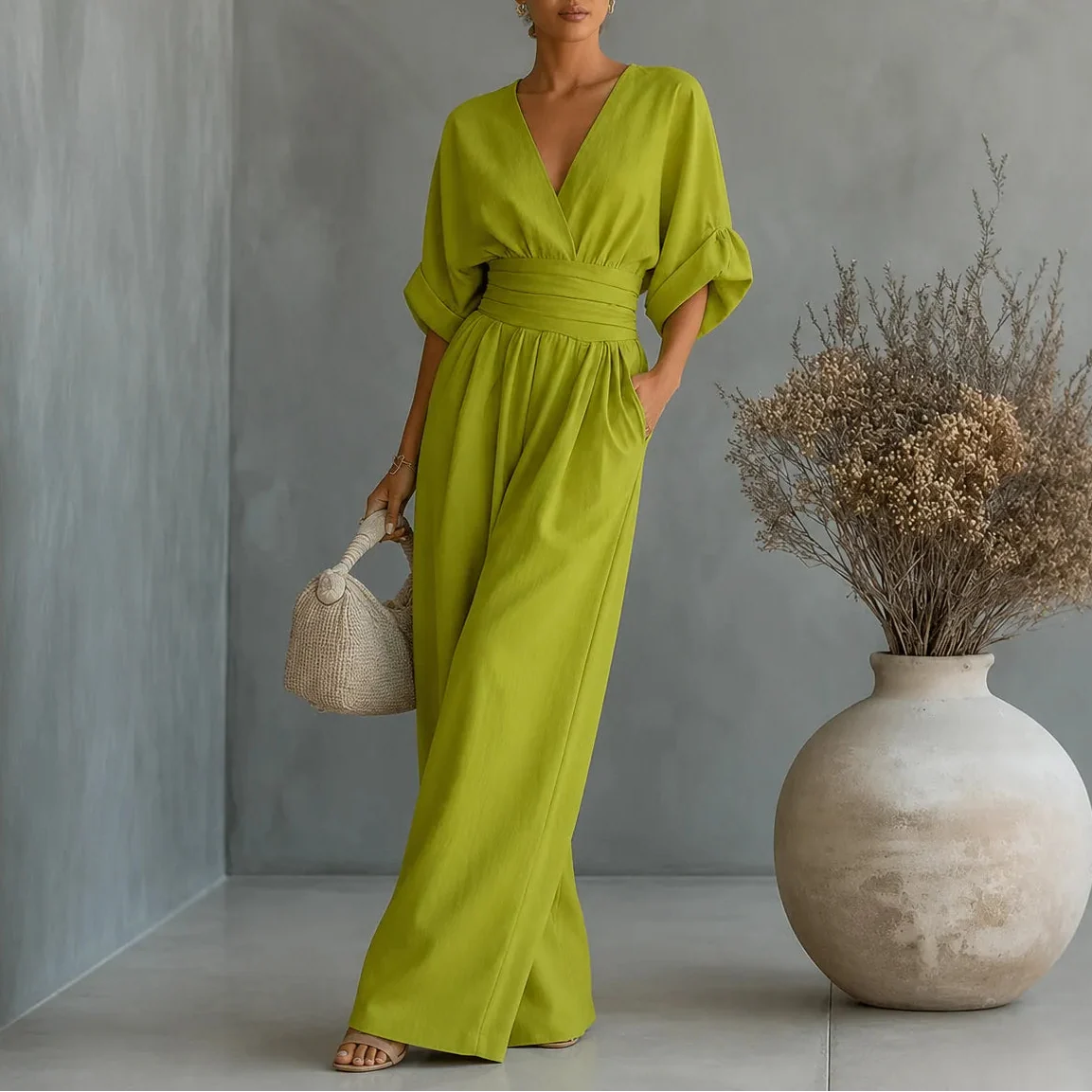 Women's wide leg V-neck jumpsuit in Lime Green