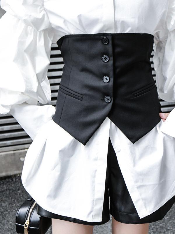 Strapless black cropped waistcoat with a button front and back belt