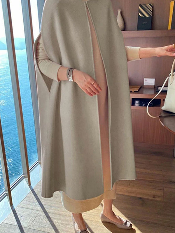 Sleeveless wool-blend cape with a round neck and a curved hem