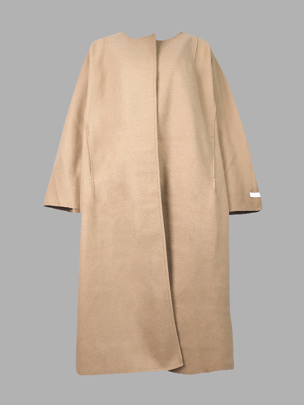 Collarless longline coat with dropped sleeves and an open front