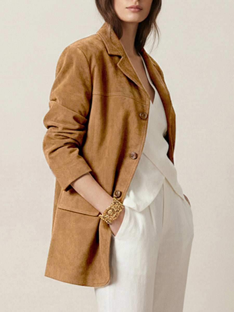 Tan suede-look blazer with a notch lapel and two flap pockets