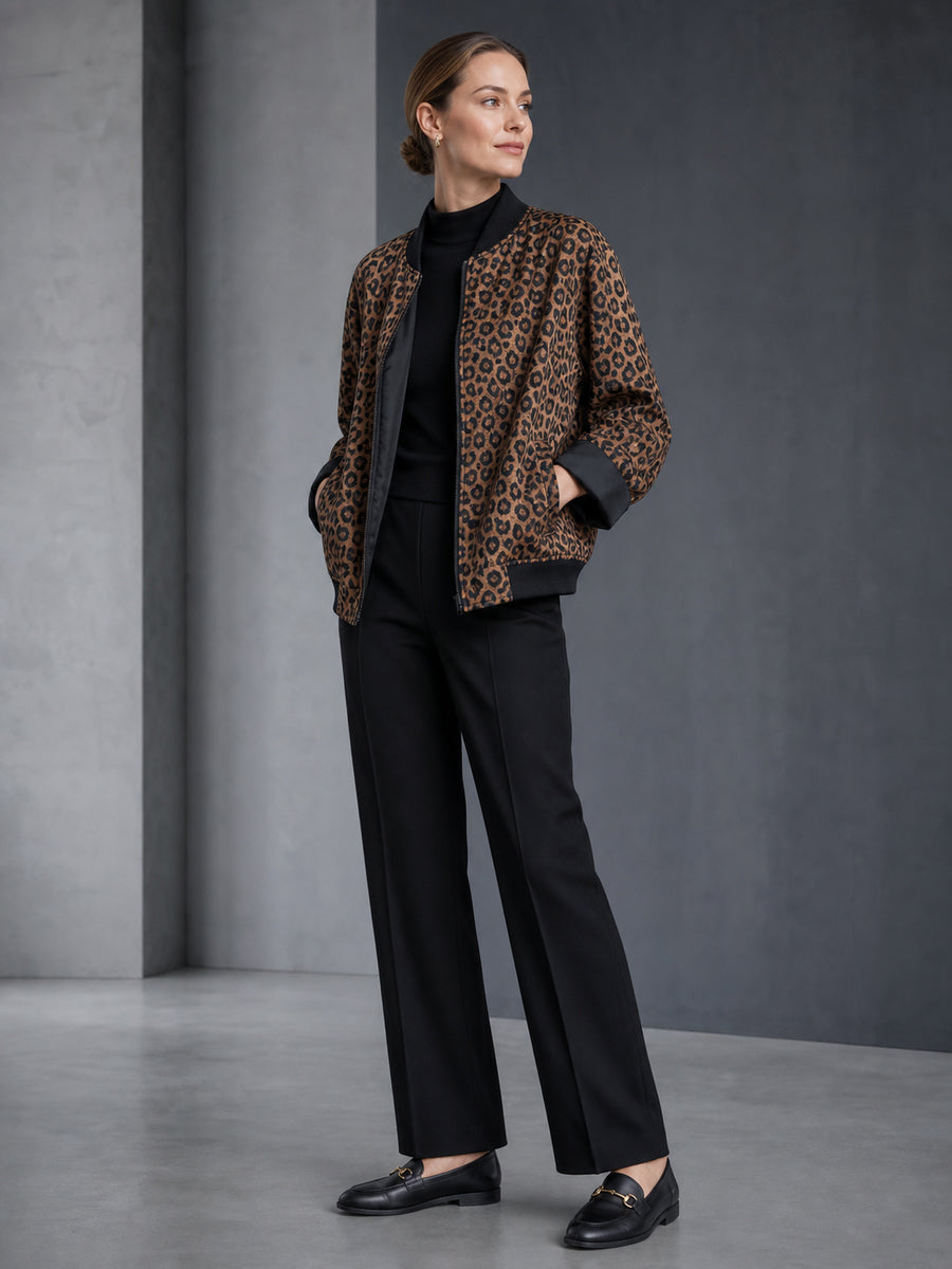 Leopard print bomber jacket with black ribbed collar, cuffs and hem