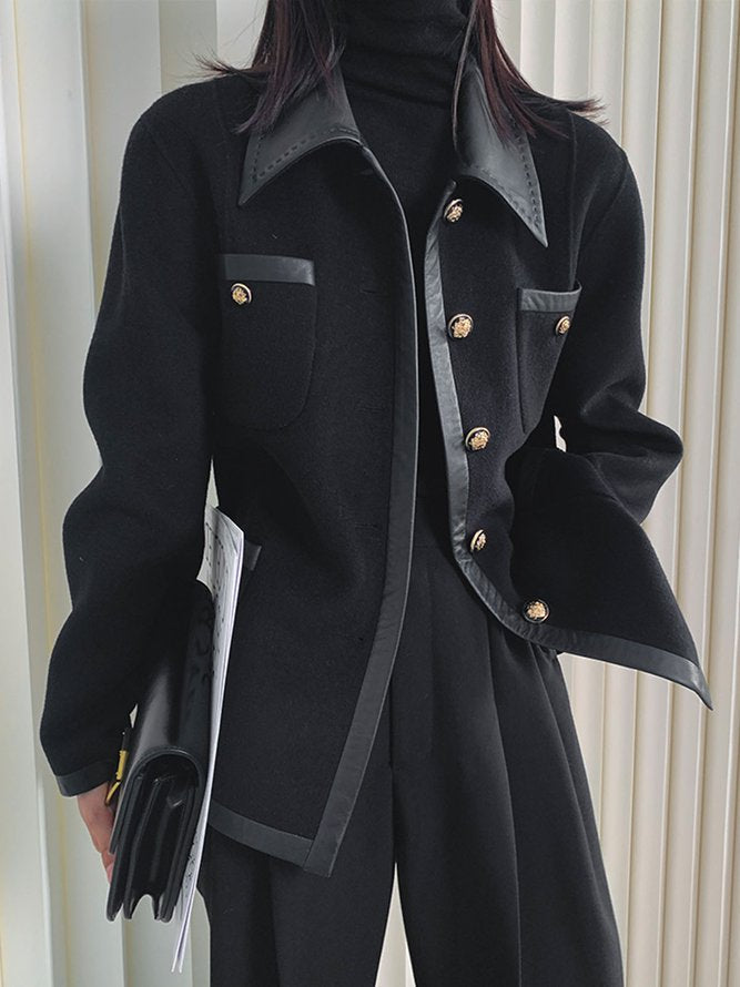 Black jacket with faux leather trim and gold-tone buttons in black