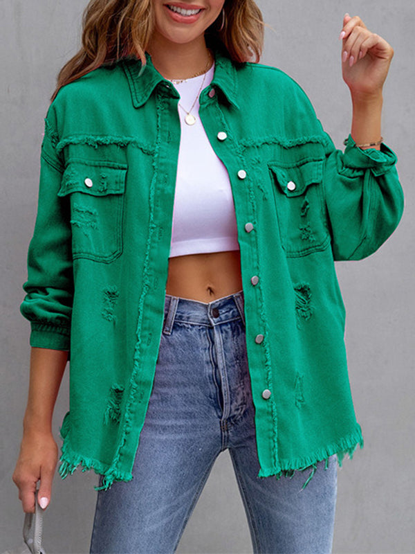 Oversized shirt jacket with frayed edges and chest pockets