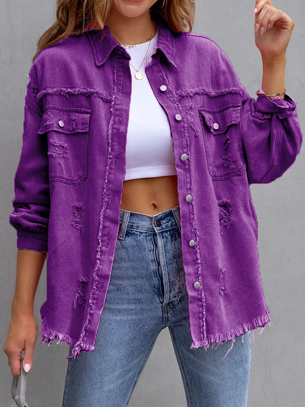 Oversized shirt jacket with frayed edges and chest pockets