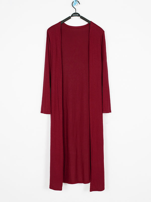 Light longline cardigan hanging open with dropped shoulders in wine