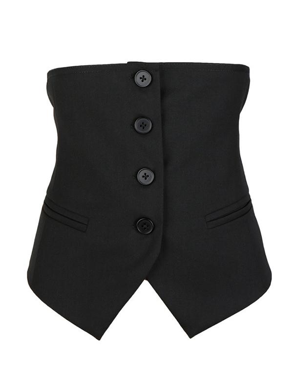 Strapless black cropped waistcoat with a button front and back belt