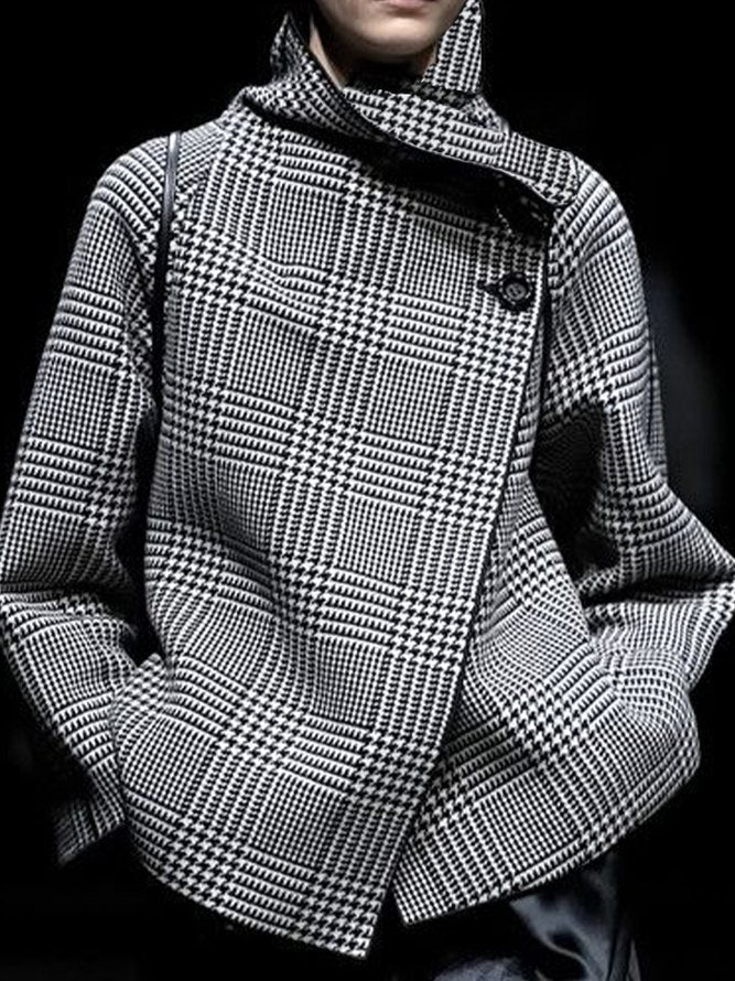 Houndstooth check jacket with an asymmetric front and fold-over collar