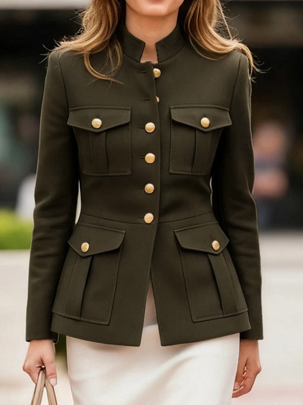 Olive military jacket with patch pockets and a stand collar in olive