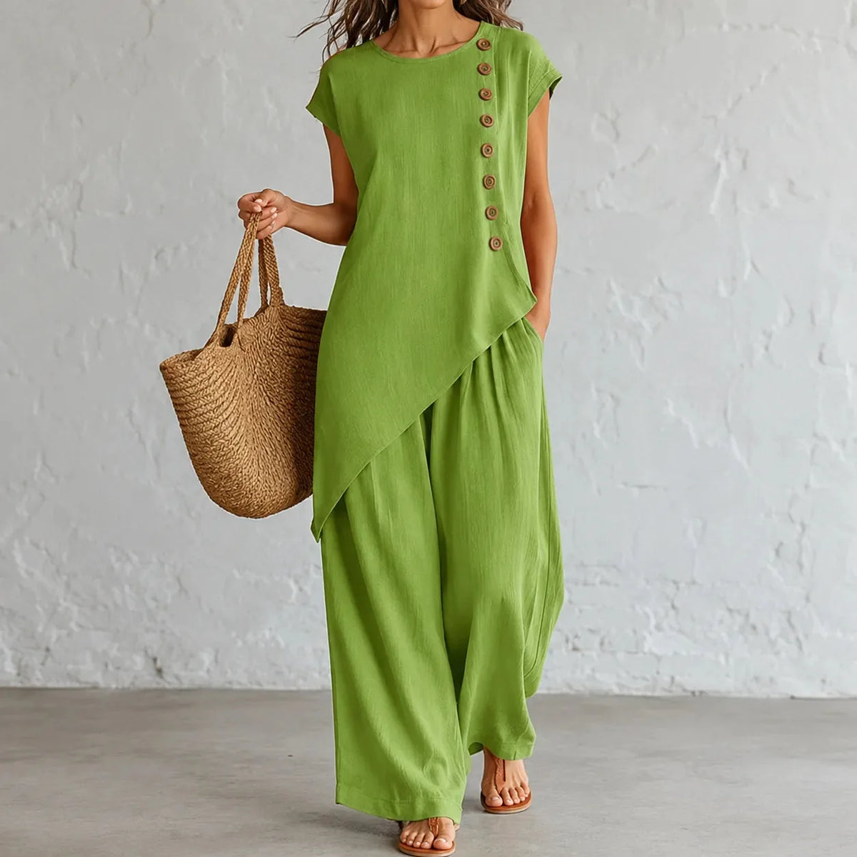 Women's two-piece set with asymmetric hem in Olive Green