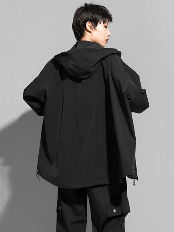 Oversized black hooded jacket with an off-centre zip and drawstring hem