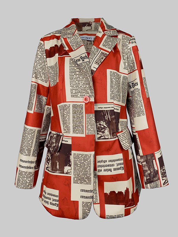 Blazer printed with newsprint columns in red and cream
