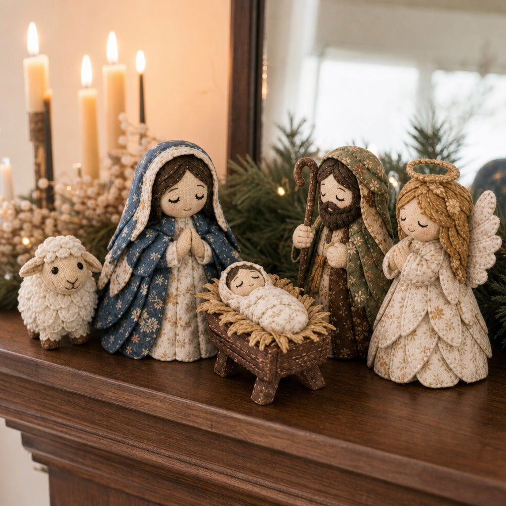 Fabric nativity scene sewing kit with Mary, Joseph, manger and angel