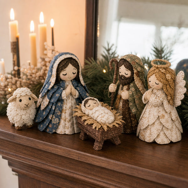 Fabric nativity scene sewing kit with Mary, Joseph, manger and angel