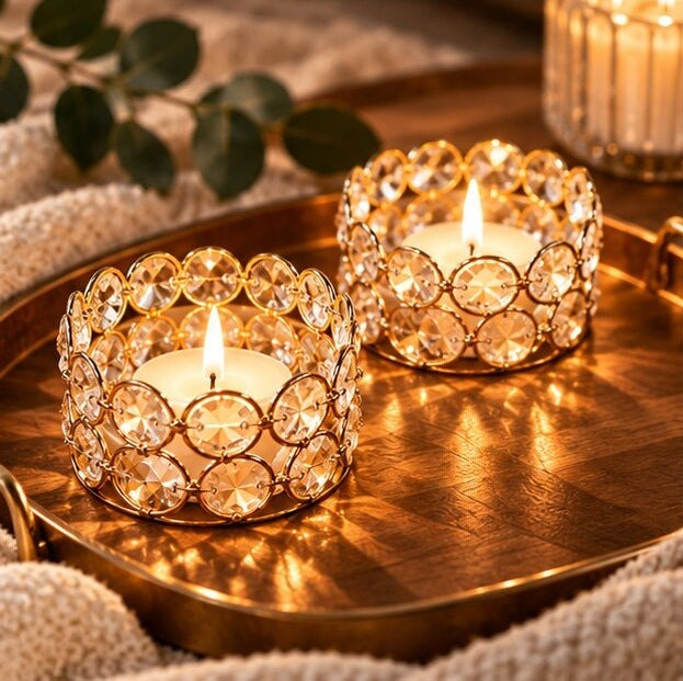 Two metal tea light holders lined with round, faceted glass stones - view 2