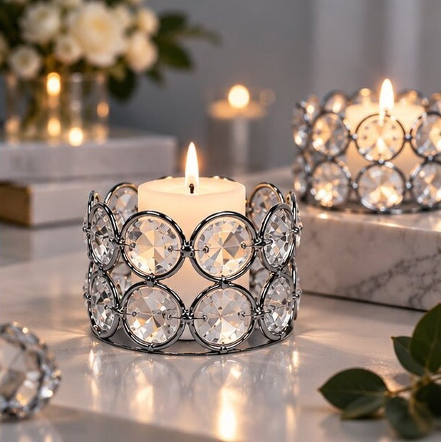 Two metal tea light holders lined with round, faceted glass stones - view 3