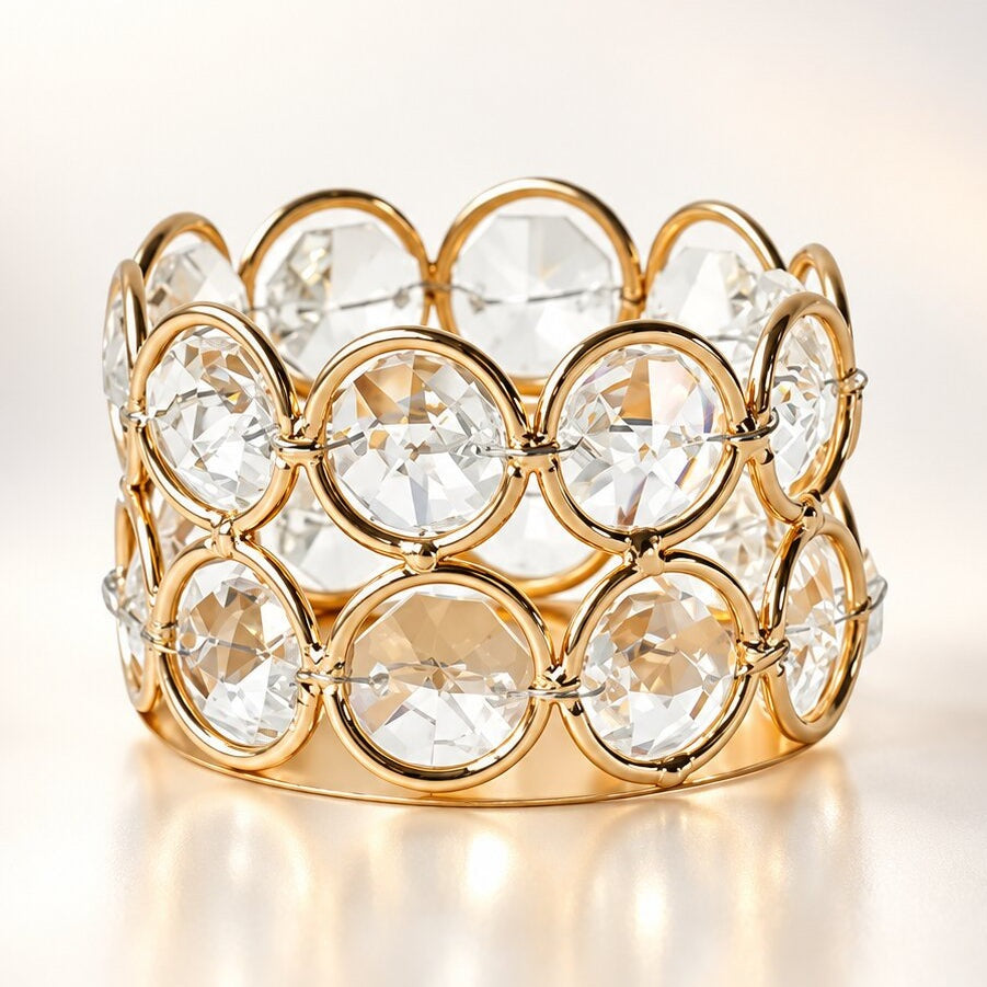 Two metal tea light holders lined with round, faceted glass stones - gold