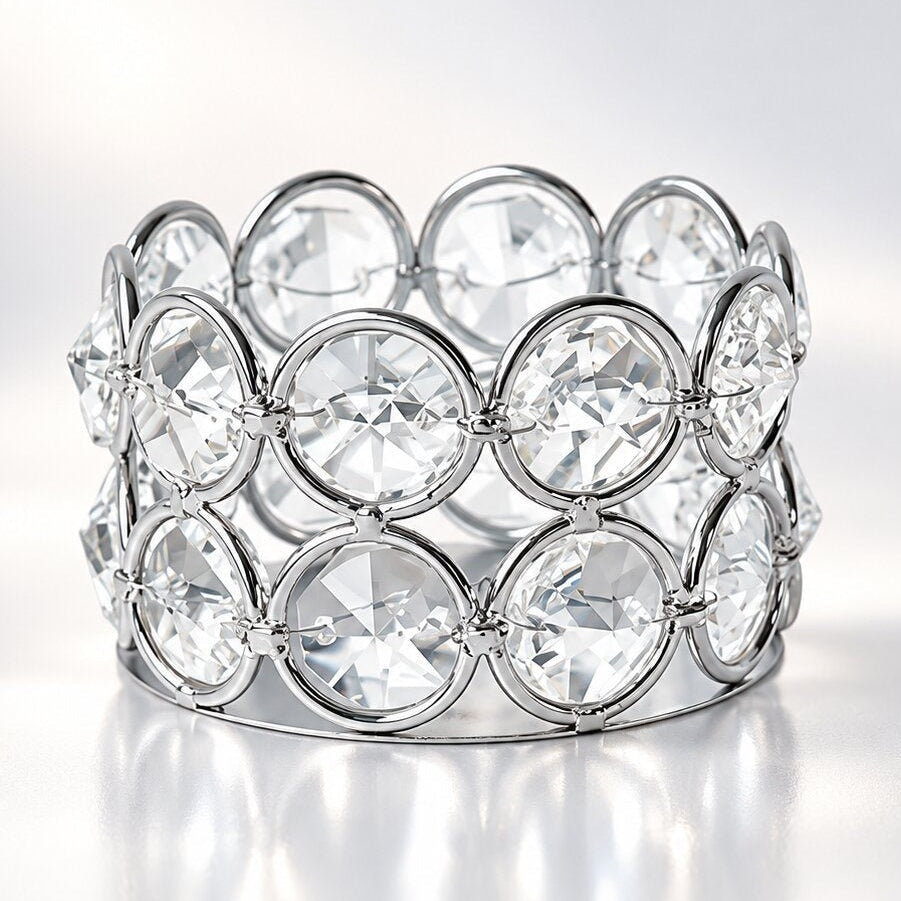 Two metal tea light holders lined with round, faceted glass stones - silver
