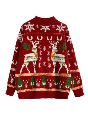 Women's knitted Christmas jumper with two Fair Isle reindeer, snowflakes and trees